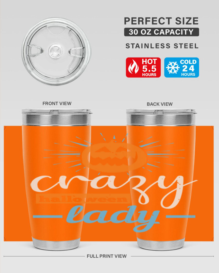 Crazy Halloween Lady 20oz Tumbler featuring a spooky design, double wall vacuum insulation, and a press-in drink-thru lid.