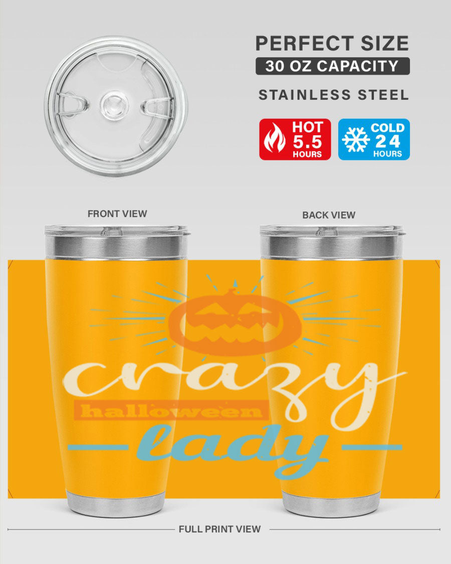 Crazy Halloween Lady 20oz Tumbler featuring a spooky design, double wall vacuum insulation, and a press-in drink-thru lid.