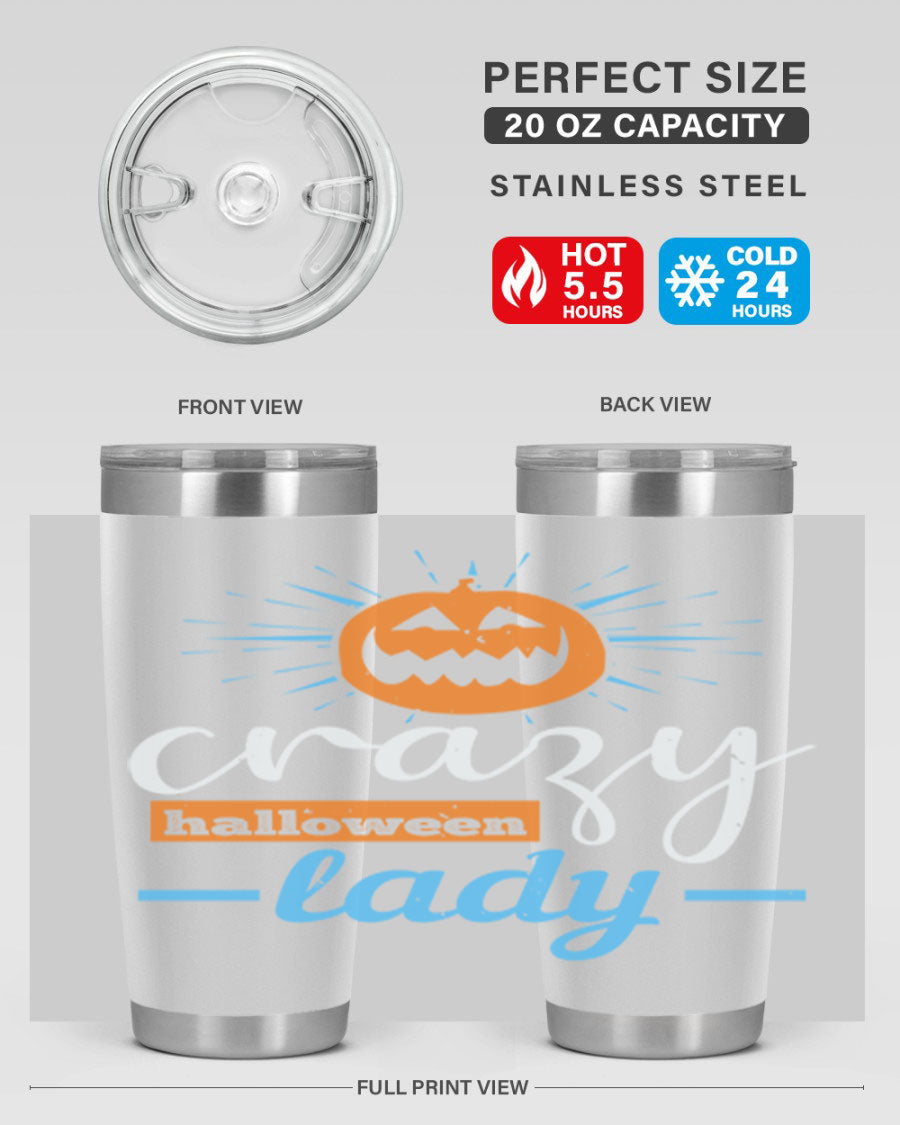 Crazy Halloween Lady 20oz Tumbler featuring a spooky design, double wall vacuum insulation, and a press-in drink-thru lid.