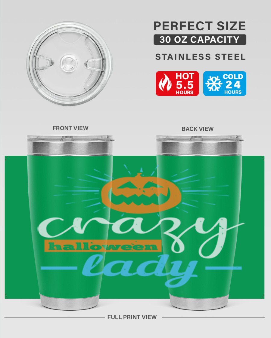 Crazy Halloween Lady 20oz Tumbler featuring a spooky design, double wall vacuum insulation, and a press-in drink-thru lid.