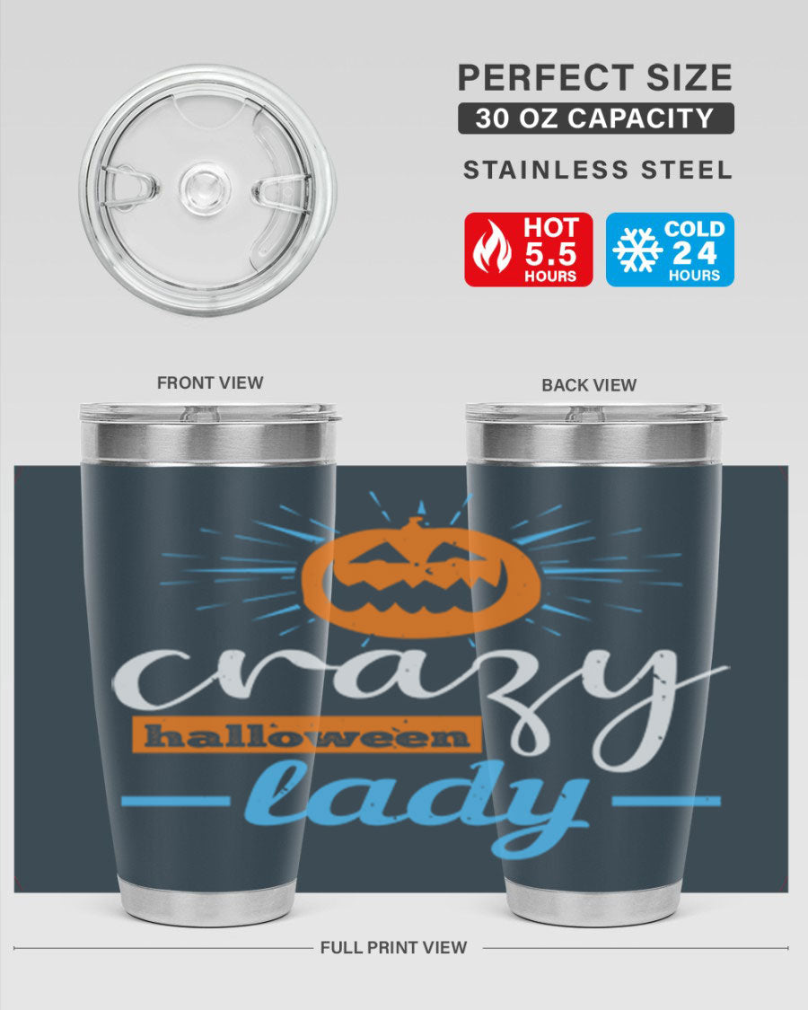 Crazy Halloween Lady 20oz Tumbler featuring a spooky design, double wall vacuum insulation, and a press-in drink-thru lid.