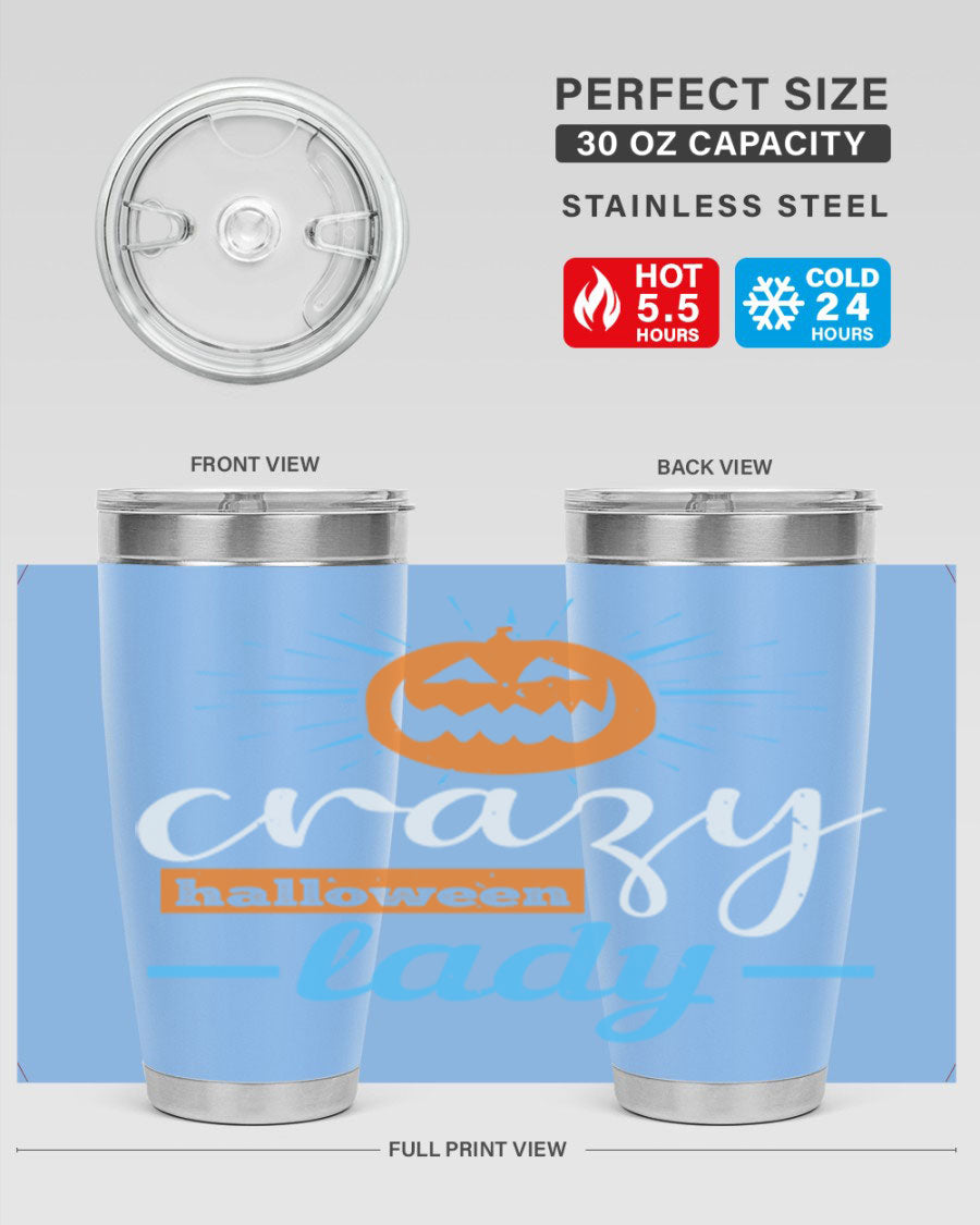 Crazy Halloween Lady 20oz Tumbler featuring a spooky design, double wall vacuum insulation, and a press-in drink-thru lid.