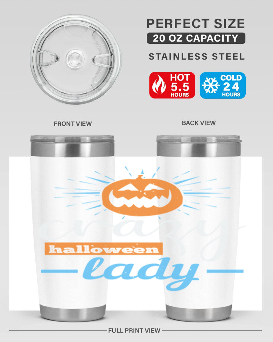 Crazy Halloween Lady 20oz Tumbler featuring a spooky design, double wall vacuum insulation, and a press-in drink-thru lid.