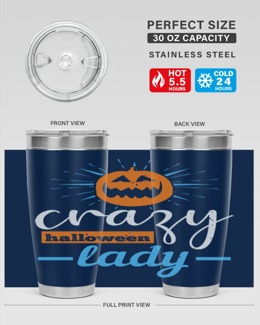 Crazy Halloween Lady 20oz Tumbler featuring a spooky design, double wall vacuum insulation, and a press-in drink-thru lid.