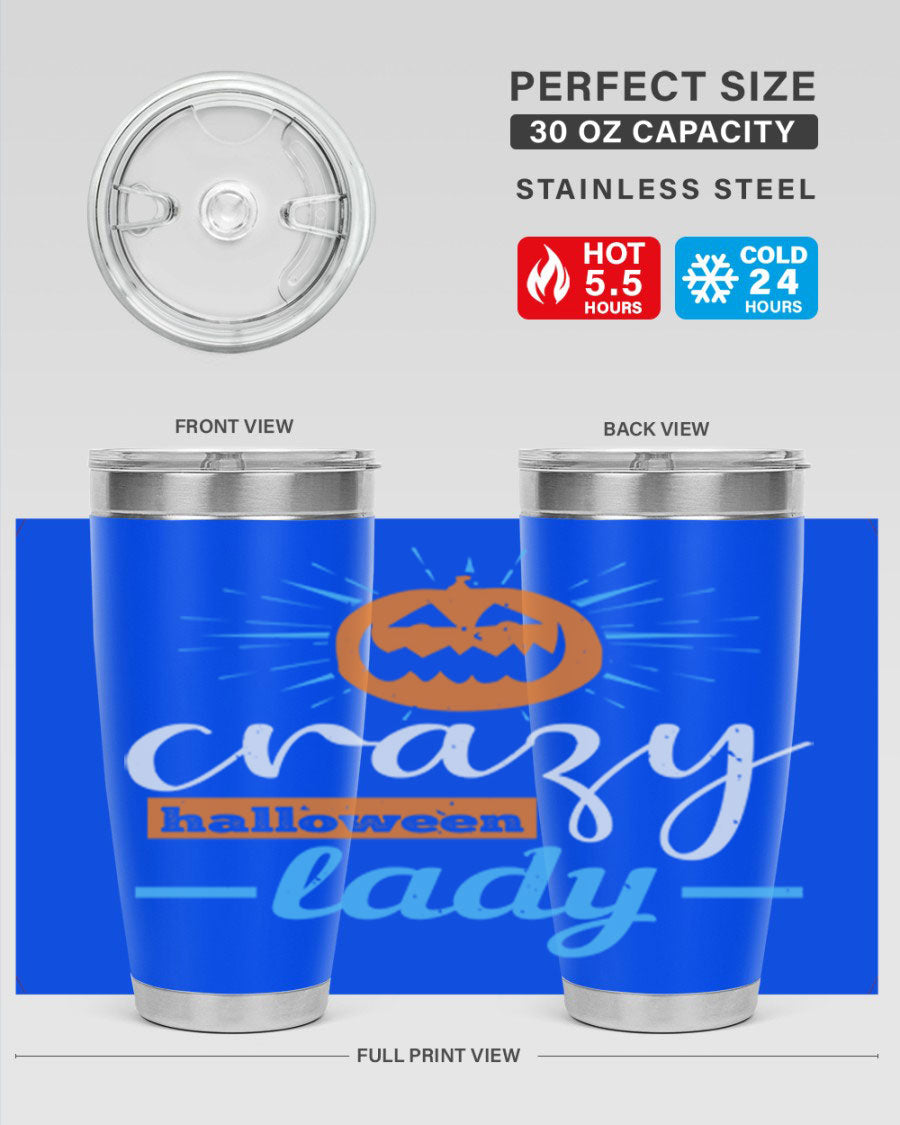 Crazy Halloween Lady 20oz Tumbler featuring a spooky design, double wall vacuum insulation, and a press-in drink-thru lid.