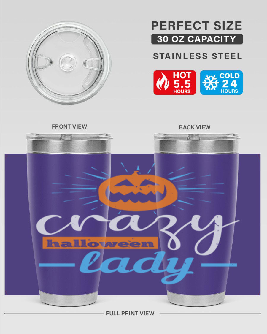 Crazy Halloween Lady 20oz Tumbler featuring a spooky design, double wall vacuum insulation, and a press-in drink-thru lid.