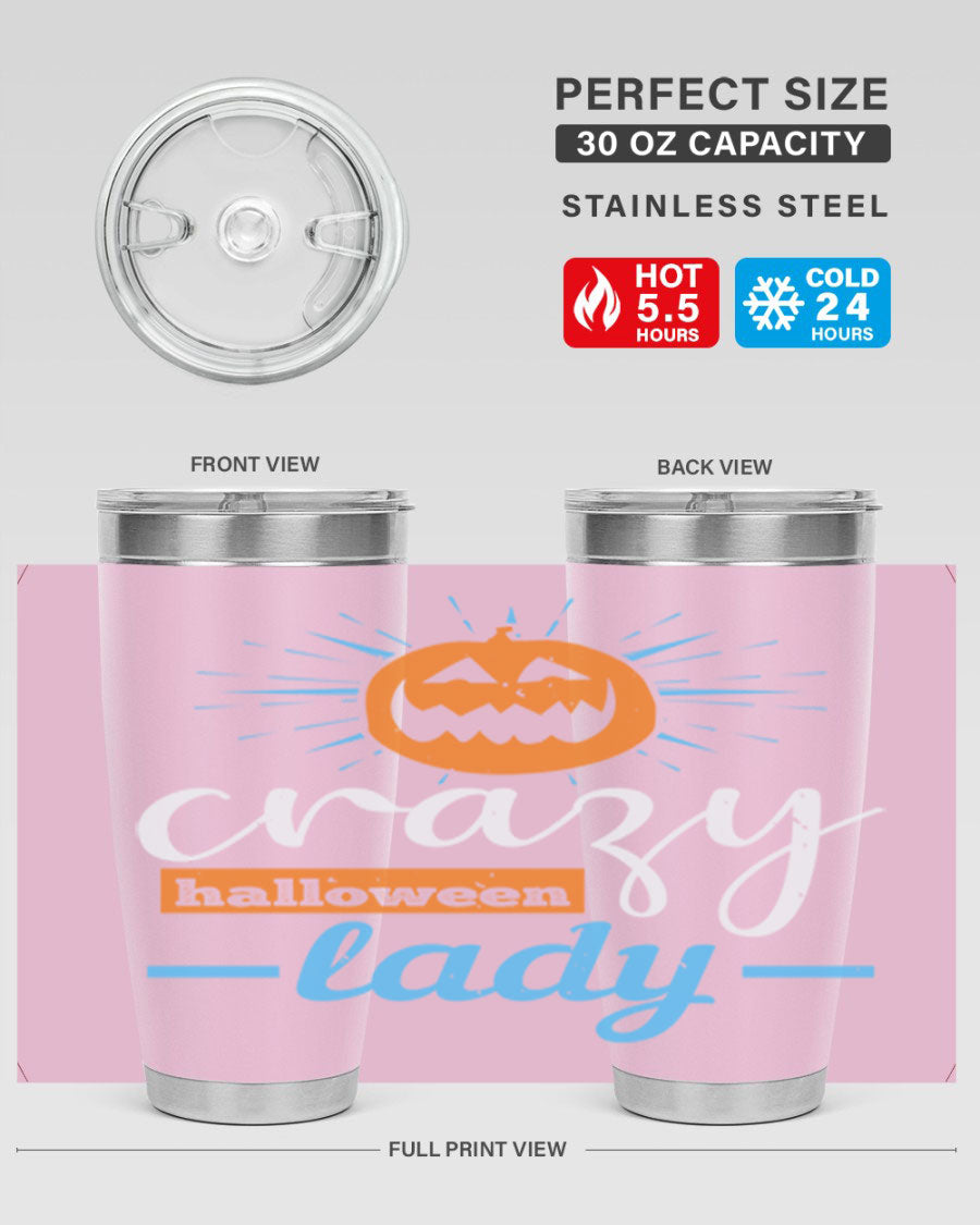 Crazy Halloween Lady 20oz Tumbler featuring a spooky design, double wall vacuum insulation, and a press-in drink-thru lid.