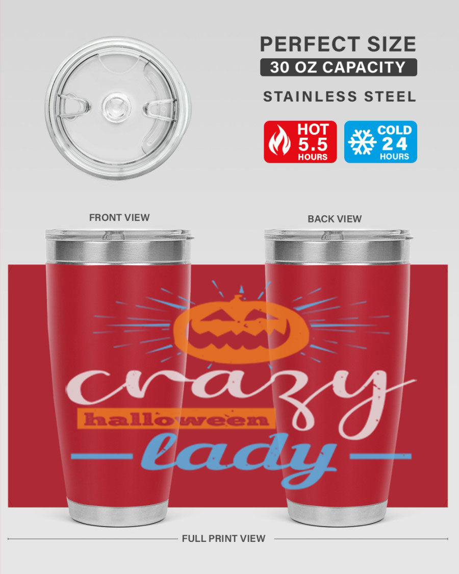 Crazy Halloween Lady 20oz Tumbler featuring a spooky design, double wall vacuum insulation, and a press-in drink-thru lid.