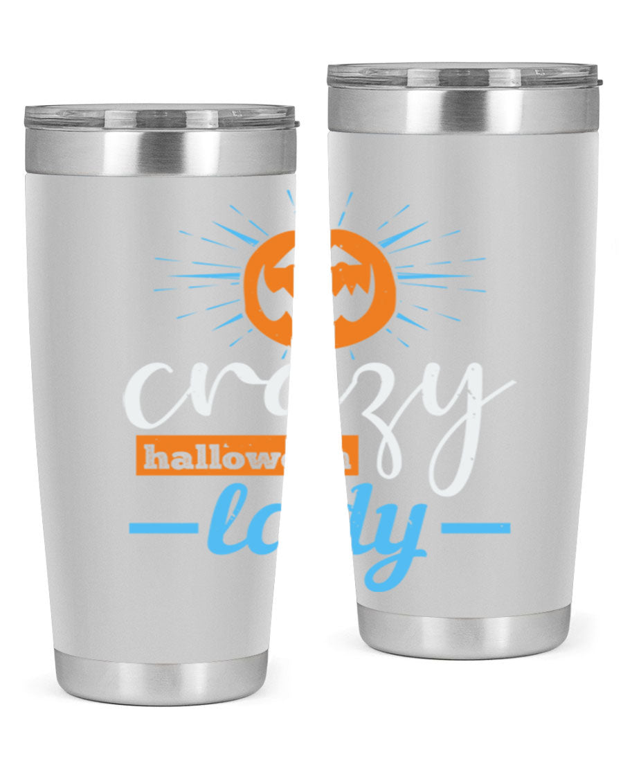 Crazy Halloween Lady 20oz Tumbler featuring a spooky design, double wall vacuum insulation, and a press-in drink-thru lid.