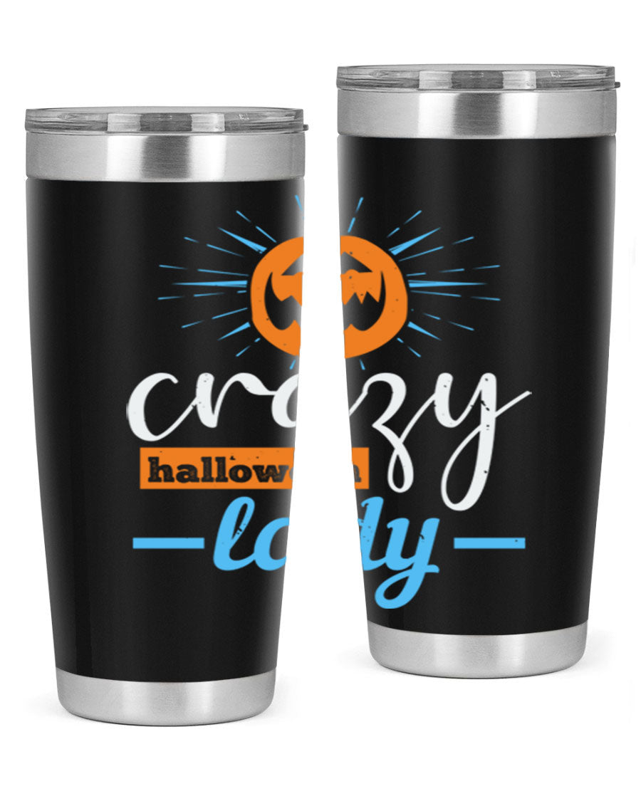 Crazy Halloween Lady 20oz Tumbler featuring a spooky design, double wall vacuum insulation, and a press-in drink-thru lid.
