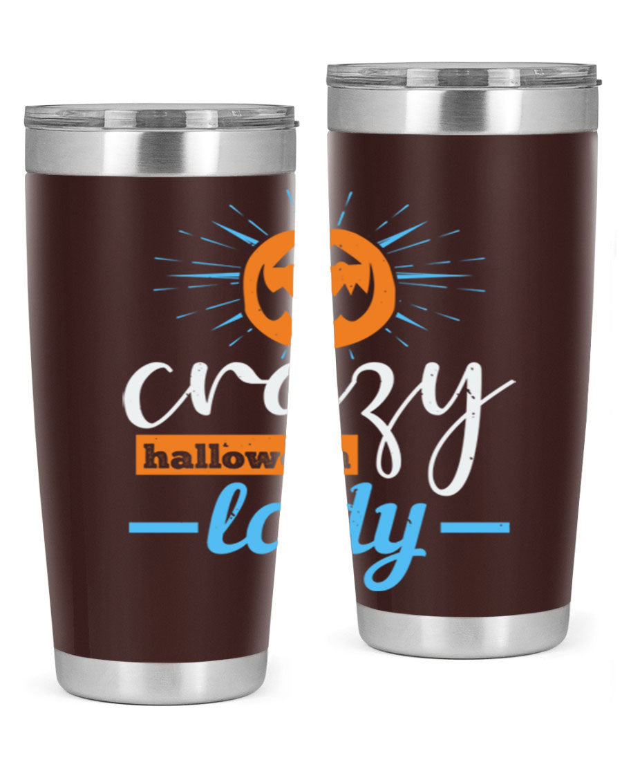 Crazy Halloween Lady 20oz Tumbler featuring a spooky design, double wall vacuum insulation, and a press-in drink-thru lid.