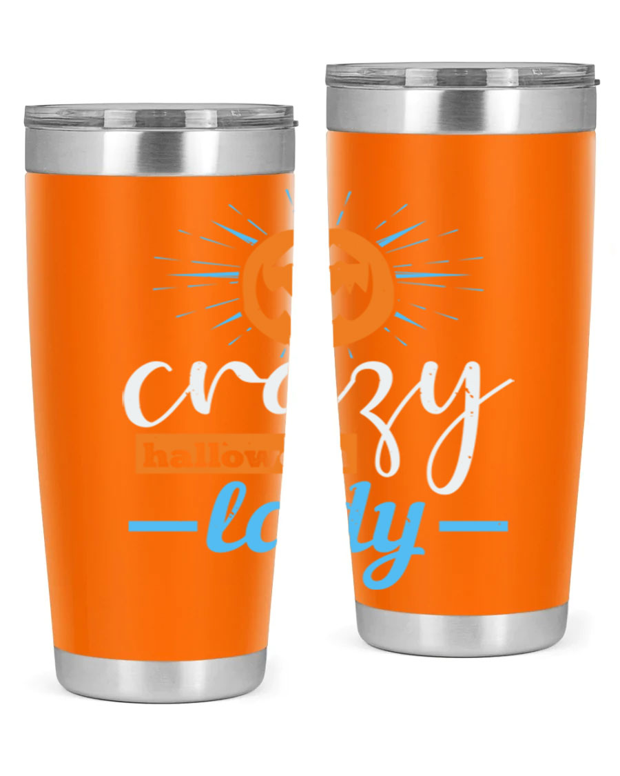 Crazy Halloween Lady 20oz Tumbler featuring a spooky design, double wall vacuum insulation, and a press-in drink-thru lid.