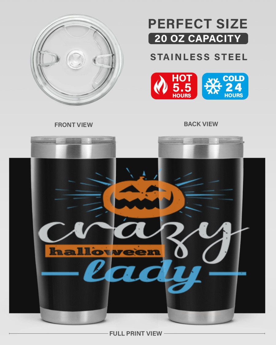 Crazy Halloween Lady 20oz Tumbler featuring a spooky design, double wall vacuum insulation, and a press-in drink-thru lid.
