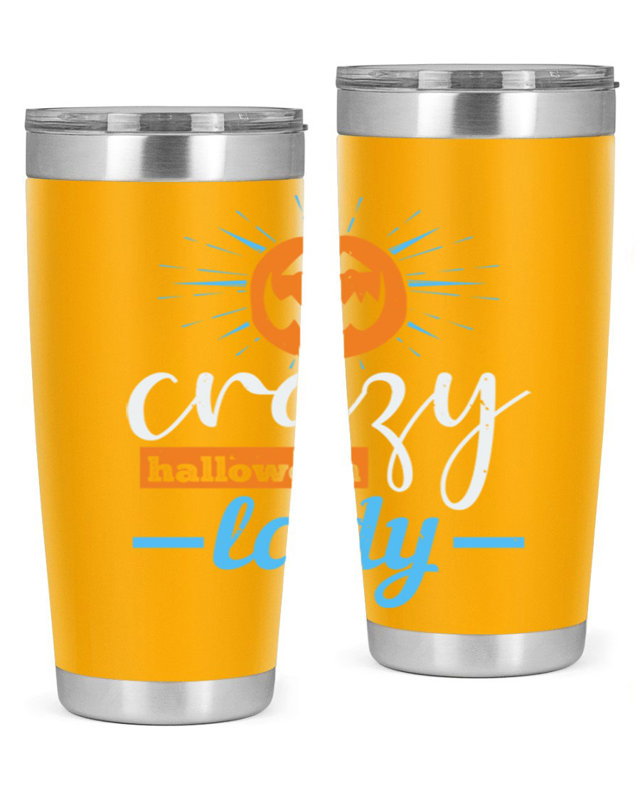 Crazy Halloween Lady 20oz Tumbler featuring a spooky design, double wall vacuum insulation, and a press-in drink-thru lid.
