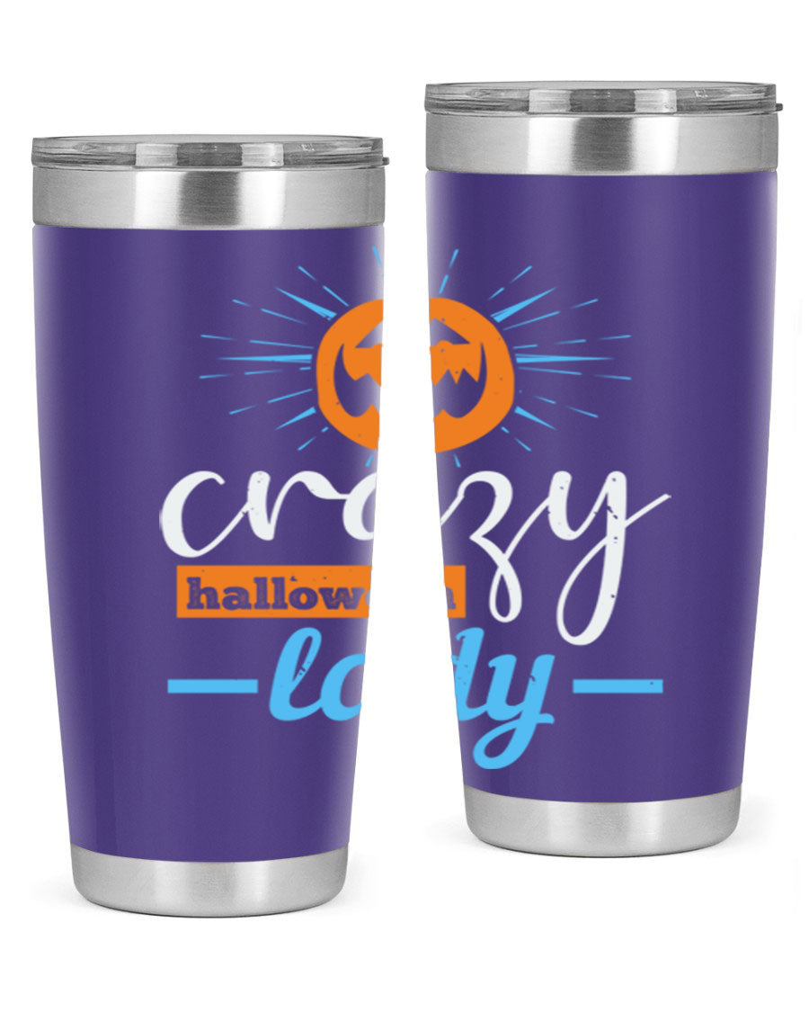 Crazy Halloween Lady 20oz Tumbler featuring a spooky design, double wall vacuum insulation, and a press-in drink-thru lid.