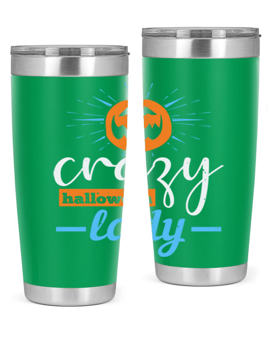 Crazy Halloween Lady 20oz Tumbler featuring a spooky design, double wall vacuum insulation, and a press-in drink-thru lid.