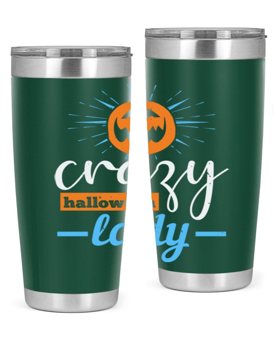 Crazy Halloween Lady 20oz Tumbler featuring a spooky design, double wall vacuum insulation, and a press-in drink-thru lid.