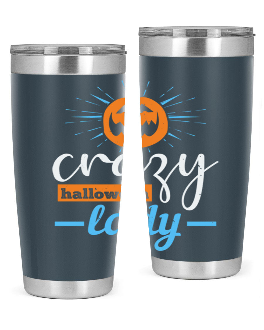 Crazy Halloween Lady 20oz Tumbler featuring a spooky design, double wall vacuum insulation, and a press-in drink-thru lid.