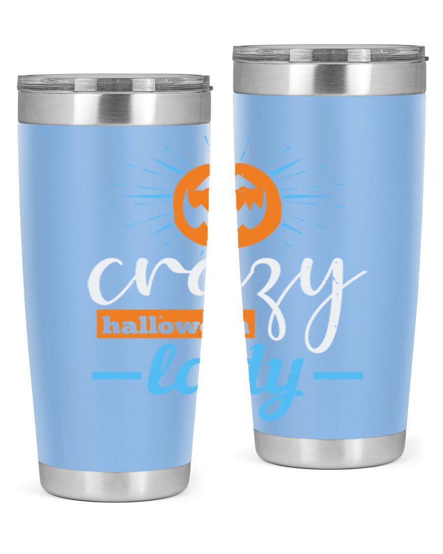 Crazy Halloween Lady 20oz Tumbler featuring a spooky design, double wall vacuum insulation, and a press-in drink-thru lid.