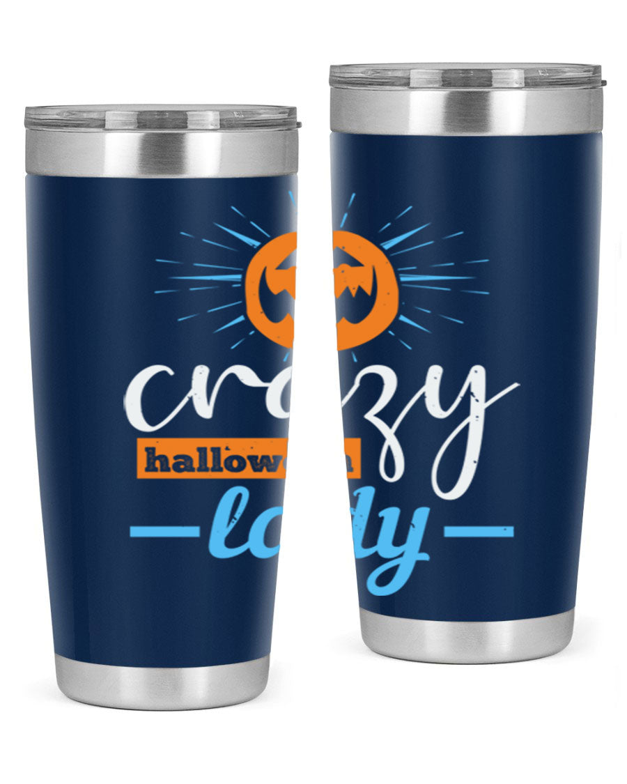Crazy Halloween Lady 20oz Tumbler featuring a spooky design, double wall vacuum insulation, and a press-in drink-thru lid.