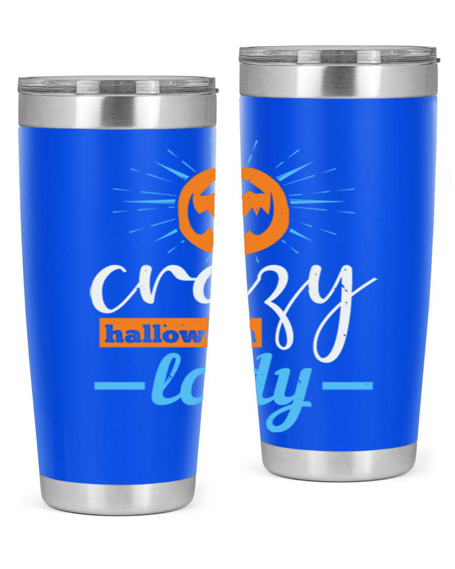 Crazy Halloween Lady 20oz Tumbler featuring a spooky design, double wall vacuum insulation, and a press-in drink-thru lid.