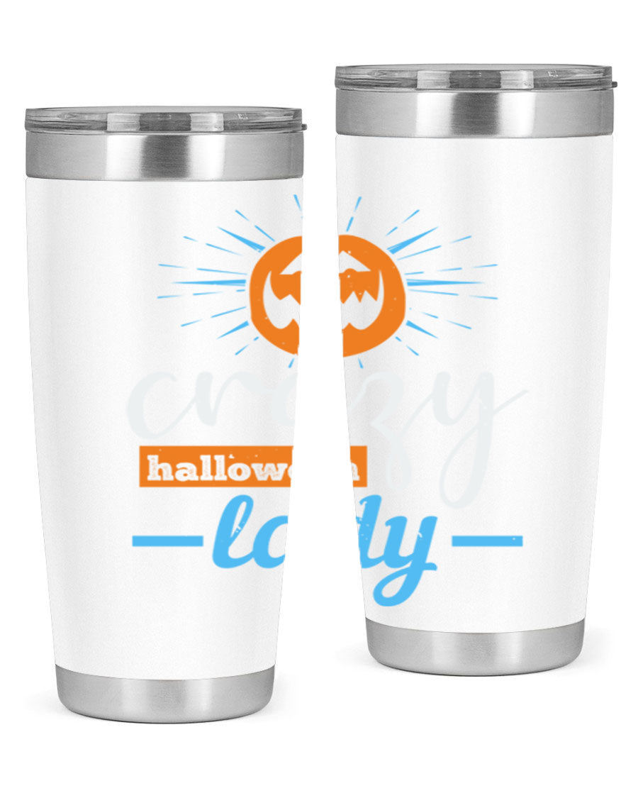 Crazy Halloween Lady 20oz Tumbler featuring a spooky design, double wall vacuum insulation, and a press-in drink-thru lid.