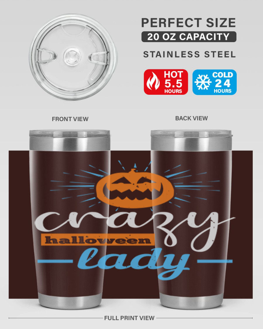 Crazy Halloween Lady 20oz Tumbler featuring a spooky design, double wall vacuum insulation, and a press-in drink-thru lid.