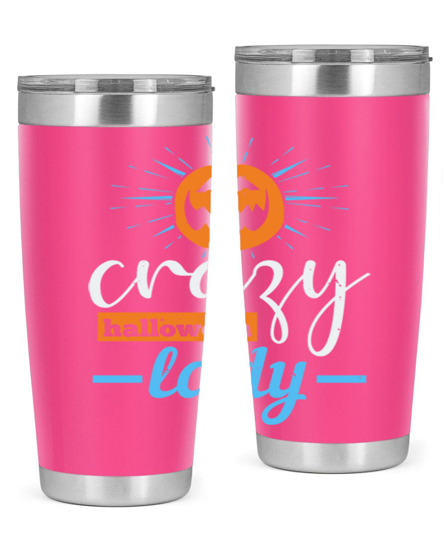 Crazy Halloween Lady 20oz Tumbler featuring a spooky design, double wall vacuum insulation, and a press-in drink-thru lid.