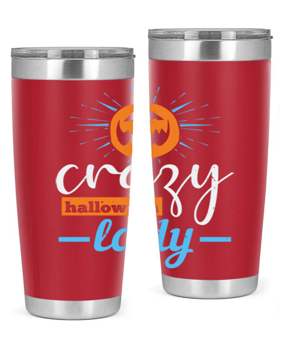 Crazy Halloween Lady 20oz Tumbler featuring a spooky design, double wall vacuum insulation, and a press-in drink-thru lid.