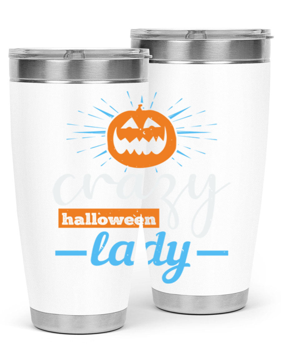Crazy Halloween Lady 20oz Tumbler featuring a spooky design, double wall vacuum insulation, and a press-in drink-thru lid.