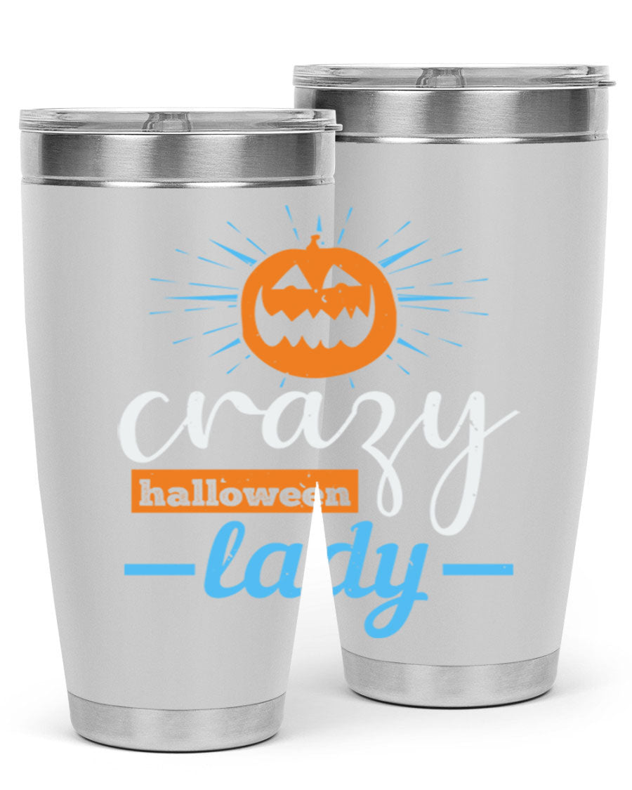 Crazy Halloween Lady 20oz Tumbler featuring a spooky design, double wall vacuum insulation, and a press-in drink-thru lid.