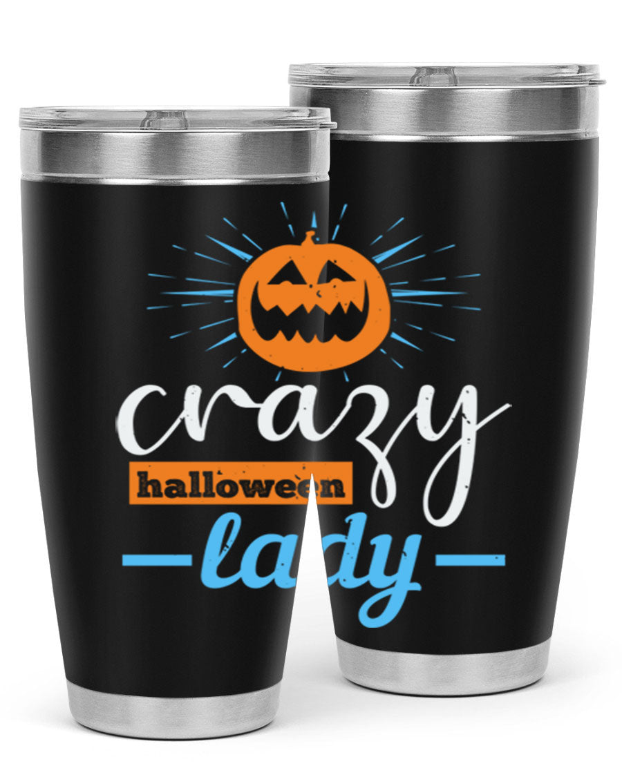 Crazy Halloween Lady 20oz Tumbler featuring a spooky design, double wall vacuum insulation, and a press-in drink-thru lid.