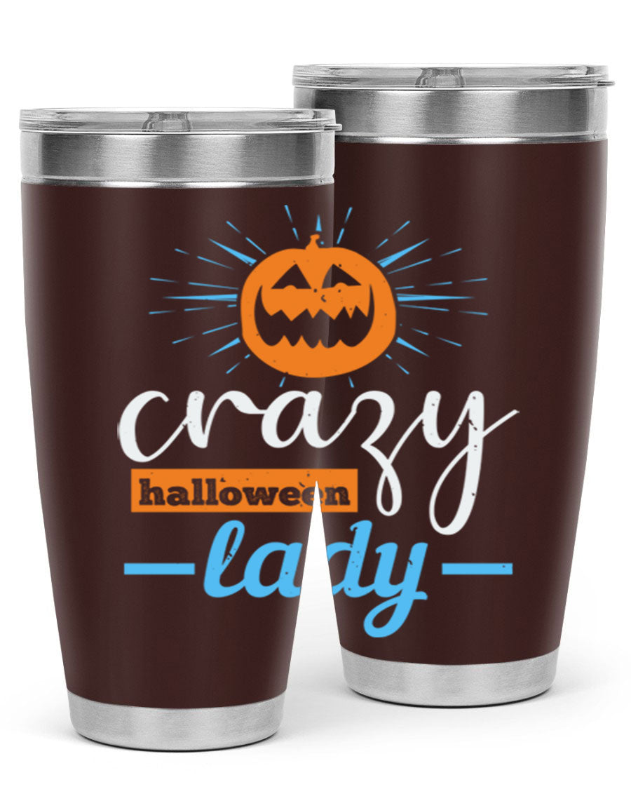Crazy Halloween Lady 20oz Tumbler featuring a spooky design, double wall vacuum insulation, and a press-in drink-thru lid.