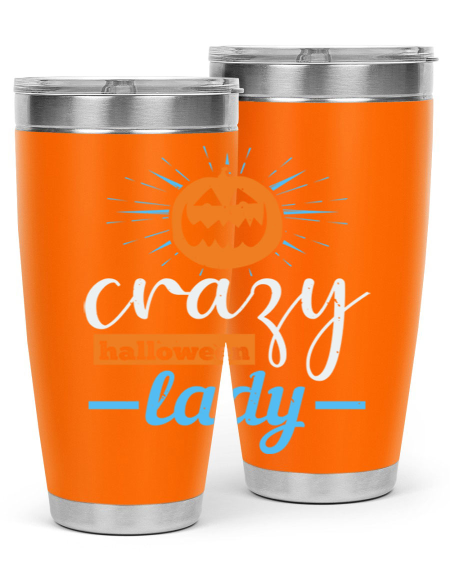 Crazy Halloween Lady 20oz Tumbler featuring a spooky design, double wall vacuum insulation, and a press-in drink-thru lid.
