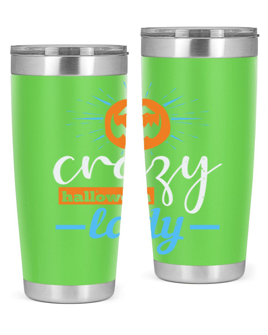 Crazy Halloween Lady 20oz Tumbler featuring a spooky design, double wall vacuum insulation, and a press-in drink-thru lid.