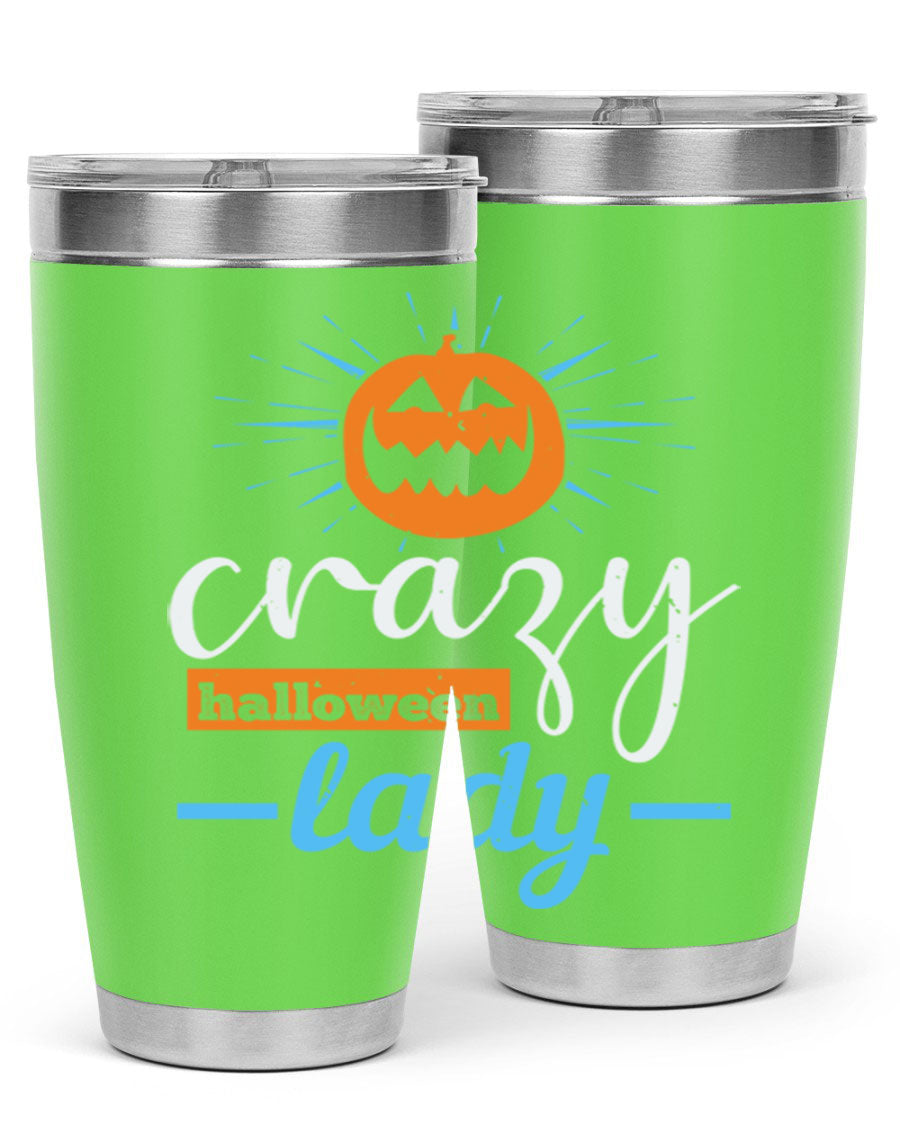 Crazy Halloween Lady 20oz Tumbler featuring a spooky design, double wall vacuum insulation, and a press-in drink-thru lid.