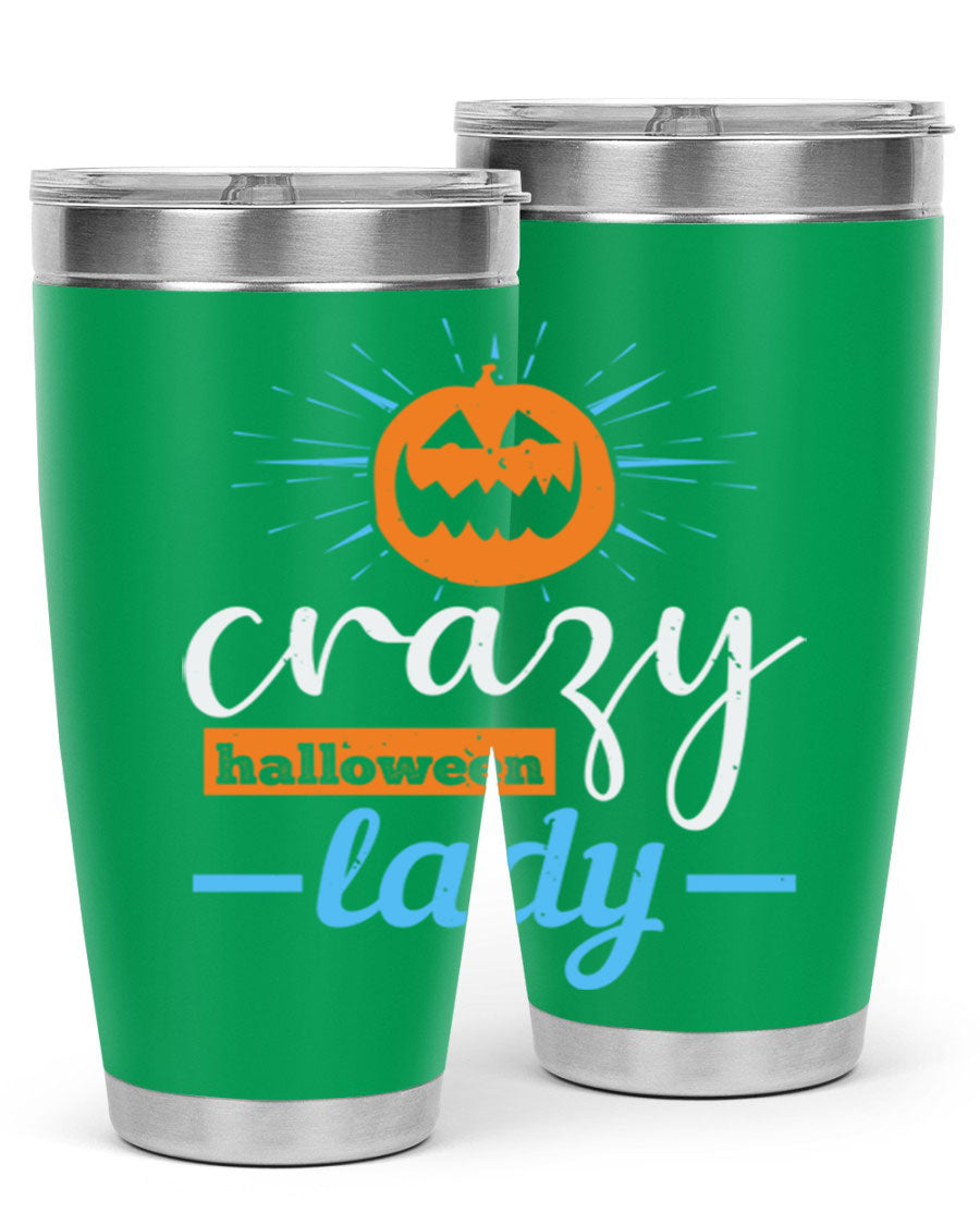 Crazy Halloween Lady 20oz Tumbler featuring a spooky design, double wall vacuum insulation, and a press-in drink-thru lid.