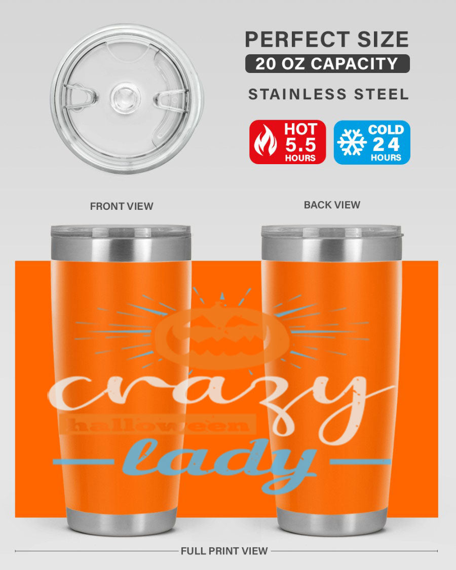 Crazy Halloween Lady 20oz Tumbler featuring a spooky design, double wall vacuum insulation, and a press-in drink-thru lid.