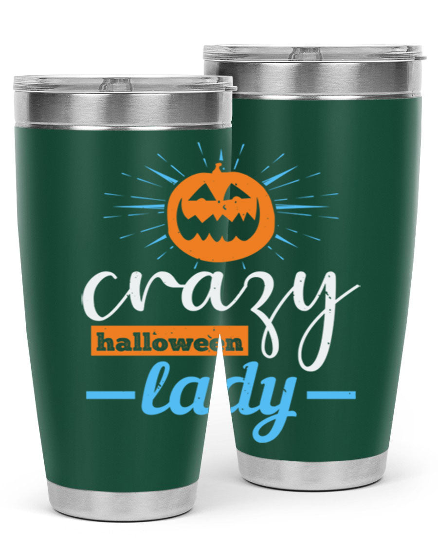 Crazy Halloween Lady 20oz Tumbler featuring a spooky design, double wall vacuum insulation, and a press-in drink-thru lid.