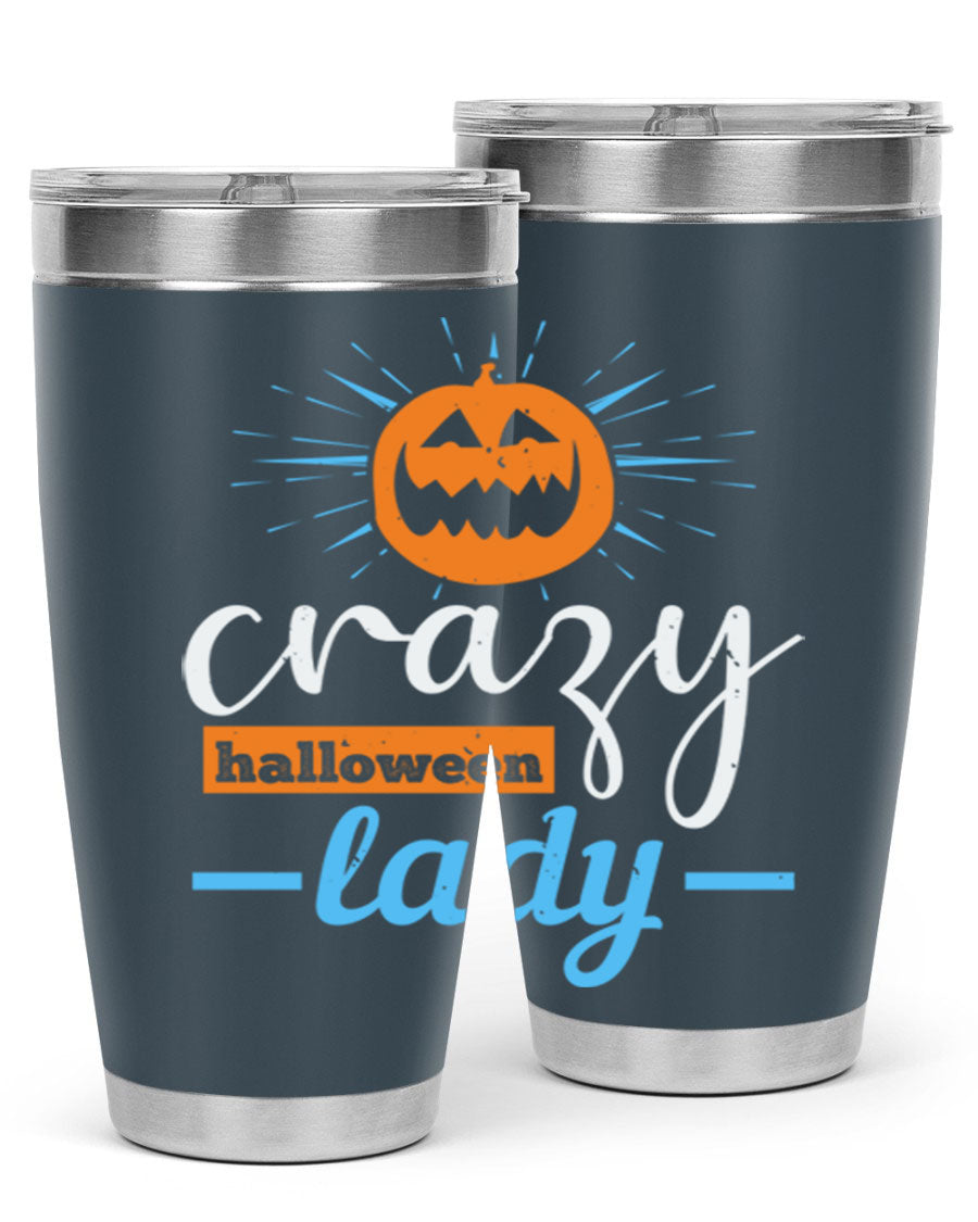 Crazy Halloween Lady 20oz Tumbler featuring a spooky design, double wall vacuum insulation, and a press-in drink-thru lid.