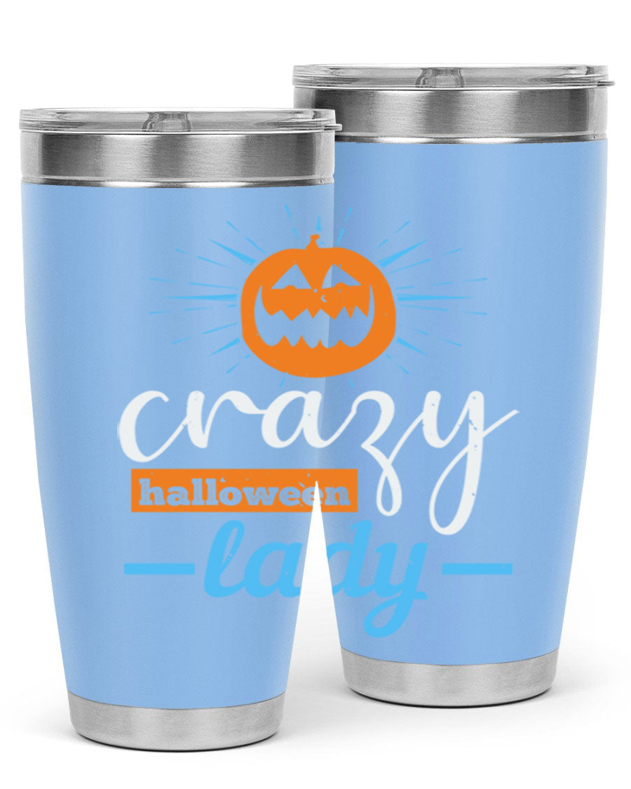 Crazy Halloween Lady 20oz Tumbler featuring a spooky design, double wall vacuum insulation, and a press-in drink-thru lid.