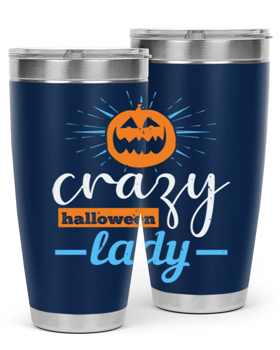 Crazy Halloween Lady 20oz Tumbler featuring a spooky design, double wall vacuum insulation, and a press-in drink-thru lid.