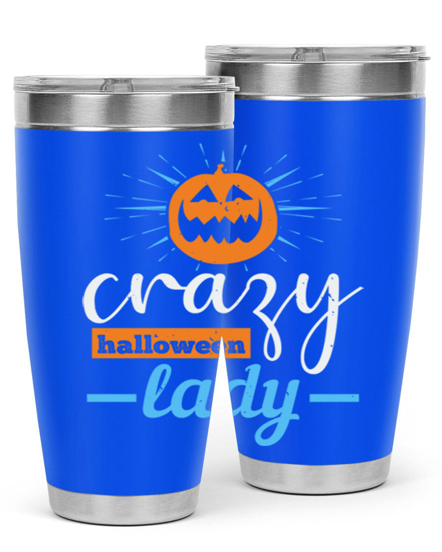 Crazy Halloween Lady 20oz Tumbler featuring a spooky design, double wall vacuum insulation, and a press-in drink-thru lid.