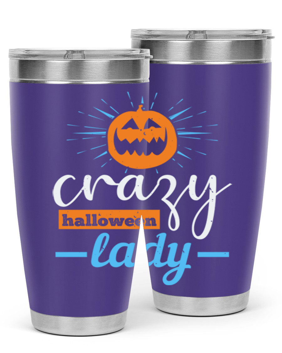 Crazy Halloween Lady 20oz Tumbler featuring a spooky design, double wall vacuum insulation, and a press-in drink-thru lid.