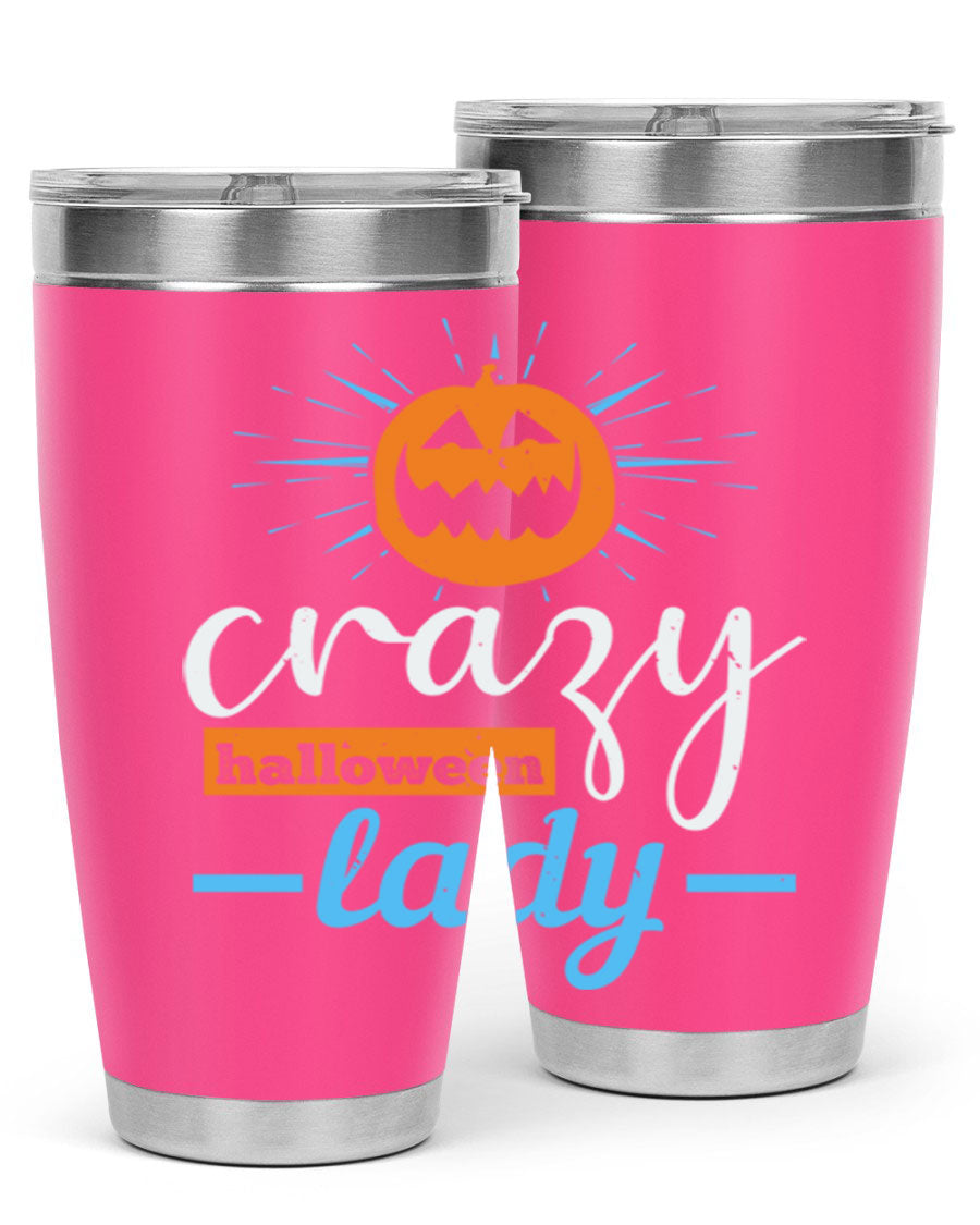 Crazy Halloween Lady 20oz Tumbler featuring a spooky design, double wall vacuum insulation, and a press-in drink-thru lid.