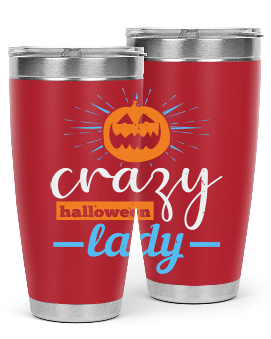 Crazy Halloween Lady 20oz Tumbler featuring a spooky design, double wall vacuum insulation, and a press-in drink-thru lid.