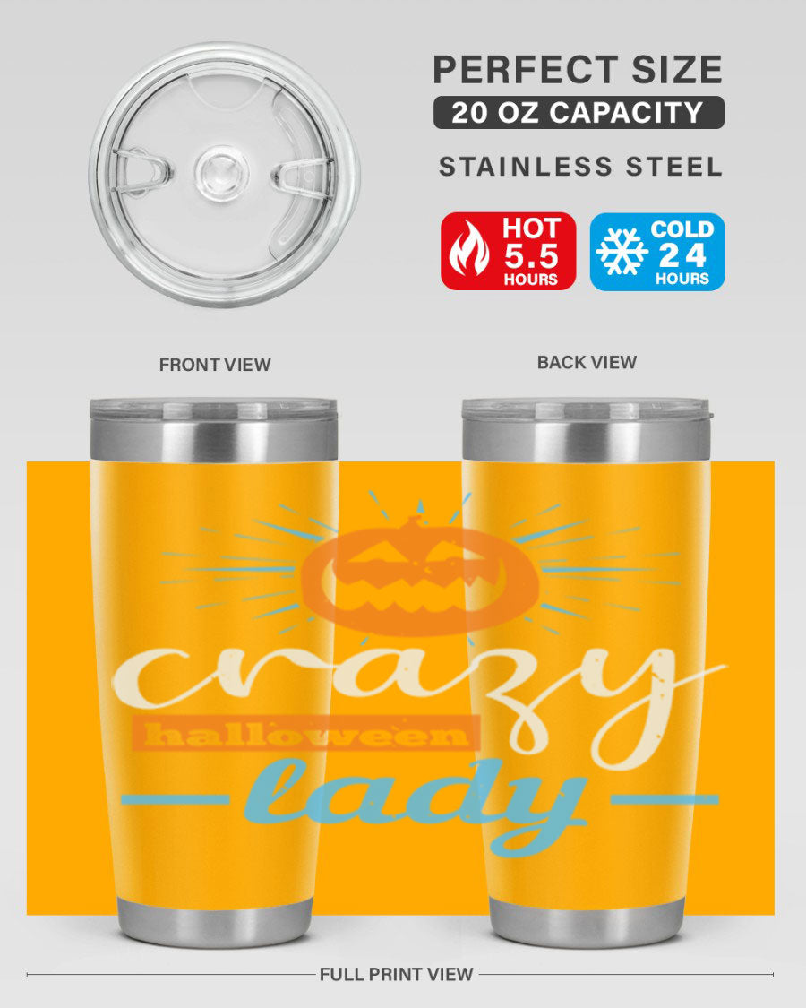 Crazy Halloween Lady 20oz Tumbler featuring a spooky design, double wall vacuum insulation, and a press-in drink-thru lid.