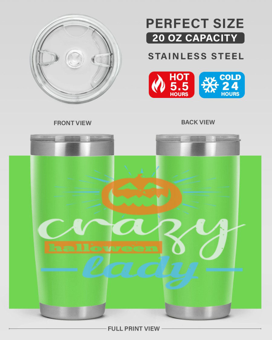 Crazy Halloween Lady 20oz Tumbler featuring a spooky design, double wall vacuum insulation, and a press-in drink-thru lid.