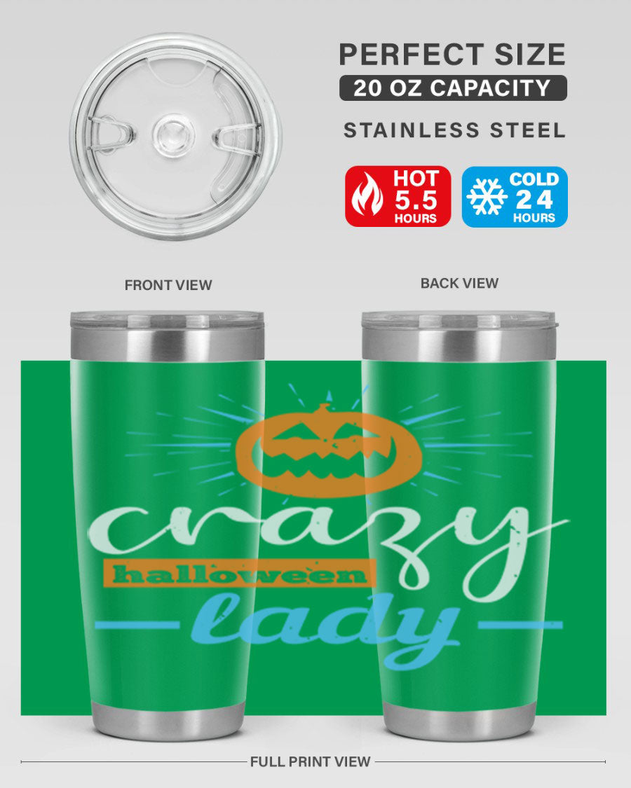Crazy Halloween Lady 20oz Tumbler featuring a spooky design, double wall vacuum insulation, and a press-in drink-thru lid.