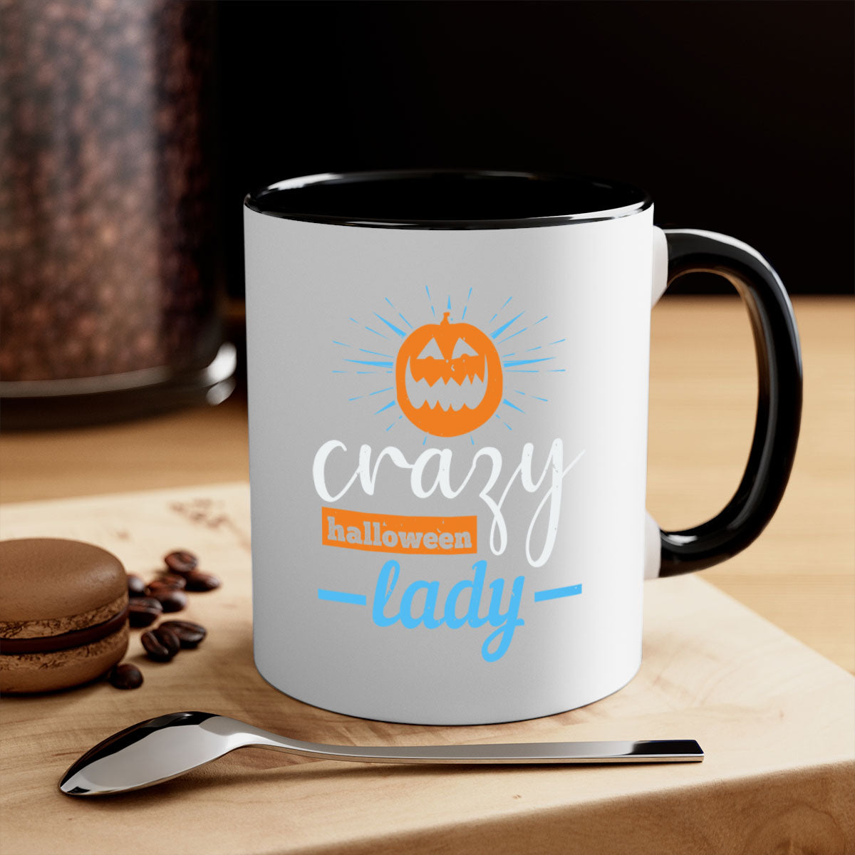 Crazy Halloween Lady Mug with colorful handle and glossy finish, perfect for coffee and tea lovers.